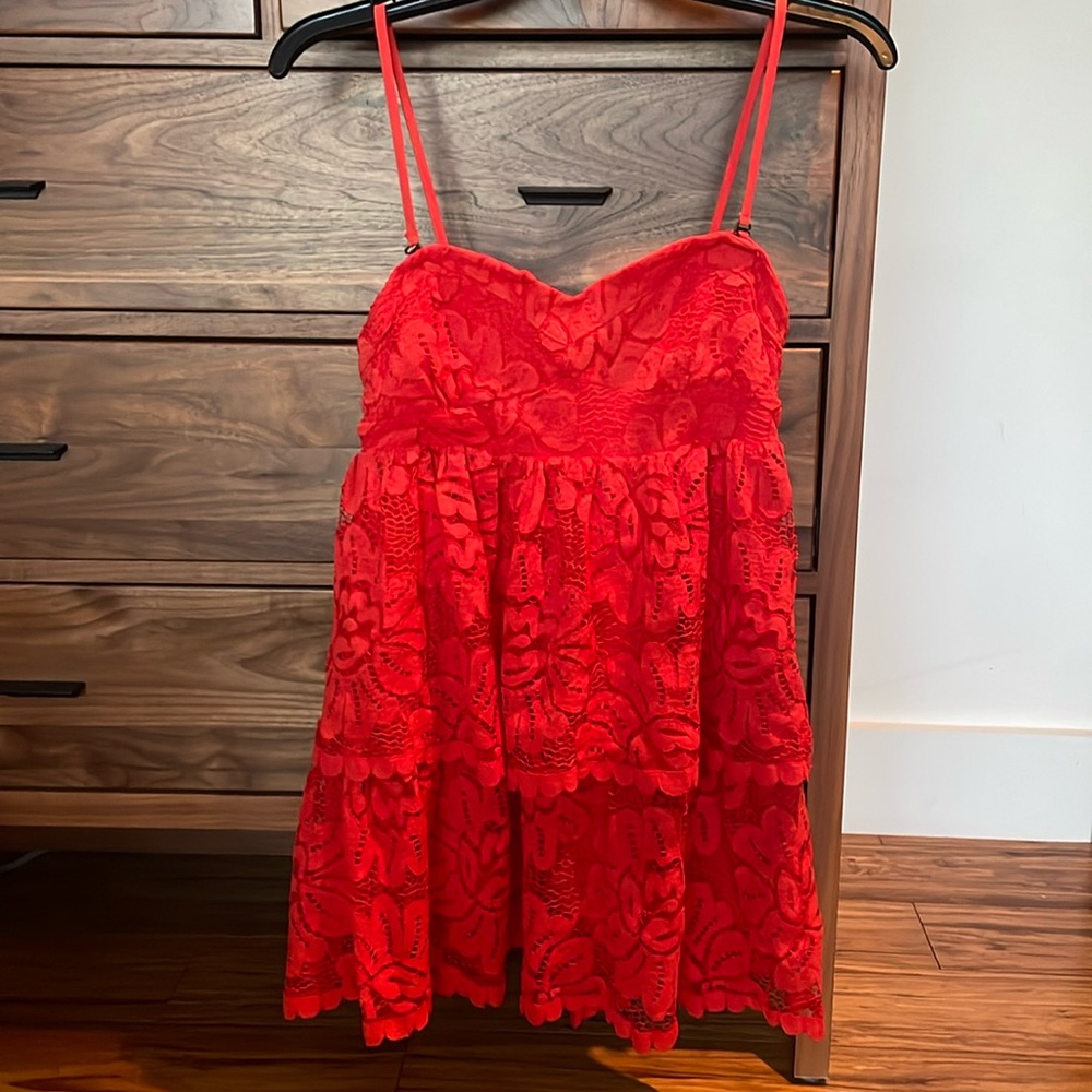 Mini Tiered and Lace dress in Flame Orange. Size Petite Small.